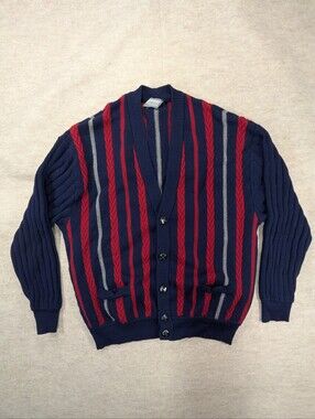 Zimmerli Vintage Wool Navy Button Cardigan Red, Gray Braided Stripes swiss XL
